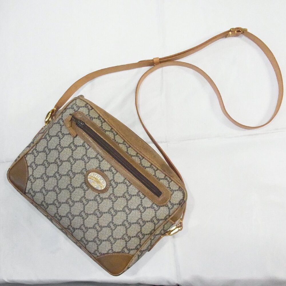 Gucci Shoulder Bag GG Plus Leather Gray Brown